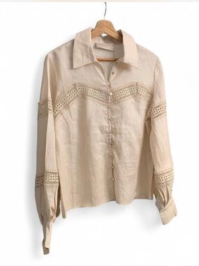 KEEPSAKE Carrie Trim shirt in linen cream long sleeve blouse lace detail size XS